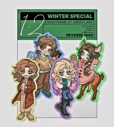 1boy 3girls :o animal_ears bare_shoulders black_footwear blonde_hair blonney blue_pants boots braces brown_eyes brown_footwear brown_hair brown_pants brown_sweater centauroid coat copyright_name cup deer_ears deer_girl deer_tail deformed dress english_text flower glasses green_eyes green_sweater grey_background gusarlol hair_flower hair_ornament hand_on_own_hip highres holding holding_cup holding_jar horropedia jacket jar jessica_(reverse:1999) knee_boots long_dress long_hair mittens multiple_girls pants pink_coat pink_dress pink_jacket pink_mittens purple_eyes red_coat reverse:1999 short_hair sleeveless sleeveless_sweater standing sweater tail taur tooth_fairy_(reverse:1999) white_flower