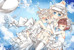 10s 3girls arms_up beret bismarck_(kancolle) blue_eyes blush bow brown_hair copyright_request dress dutch_angle elbow_gloves garter_straps gloves hair_ribbon hat kantai_collection looking_at_viewer lowleg lowleg_panties multiple_girls panties peaked_cap personification petals profile reflection ribbon ripples saru sleeping smile thigh_gap thighhighs underwear white_dress white_gloves white_hair white_legwear white_panties z1_leberecht_maass_(kancolle) z3_max_schultz_(kancolle)