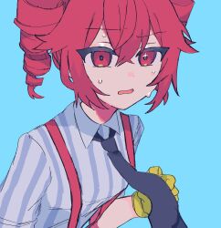 1girl black_necktie blue_background drill_hair gloves hair_between_eyes highres holding_necktie kasane_teto looking_at_viewer mesmerizer_(vocaloid) necktie open_mouth pinstripe_pattern pinstripe_shirt red_eyes red_hair rtm1016 shirt simple_background solo sweat twin_drills upper_body utau yellow_gloves