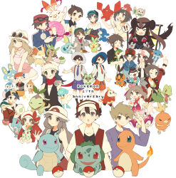 ! !! +_+ 6+boys 6+girls alternate_costume anniversary backwards_hat bare_arms baseball_cap beanie black_headwear black_vest blue_jacket blue_oak blush bracelet brendan_(pokemon) brown_hair bulbasaur calem_(pokemon) cardigan charmander chespin chikorita chimchar clothed_pokemon collared_shirt commentary_request copyright_name creatures_(company) curry cyndaquil dawn_(pokemon) dress dynamax eating egg elio_(pokemon) erua_(_8eru) ethan_(pokemon) eyewear_on_headwear fennekin florian_(pokemon) food froakie fuecoco game_freak gen_1_pokemon gen_2_pokemon gen_3_pokemon gen_4_pokemon gen_5_pokemon gen_6_pokemon gen_7_pokemon gen_8_pokemon gloria_(pokemon) grey_cardigan grey_eyes grookey hair_ornament hairclip hand_up hat highres hilbert_(pokemon) hilda_(pokemon) holding jacket jewelry juliana_(pokemon) leaf_(pokemon) litten long_hair lucas_(pokemon) lyra_(pokemon) may_(pokemon) mudkip multiple_boys multiple_girls nate_(pokemon) nintendo open_clothes open_jacket open_vest oshawott piplup plant poke_ball poke_ball_(basic) pokemon pokemon_(creature) pokemon_bw pokemon_bw2 pokemon_dppt pokemon_egg pokemon_frlg pokemon_hgss pokemon_oras pokemon_rgby pokemon_sm pokemon_sv pokemon_swsh pokemon_xy popplio purple_shirt quaxly red_(pokemon) red_headwear red_jacket red_shirt rosa_(pokemon) rowlet scorbunny selene_(pokemon) serena_(pokemon) shirt short_hair short_sleeves sidelocks sleeveless sleeveless_shirt snivy spiked_hair sprigatito squirtle star_(symbol) sunglasses t-shirt tepig top_hat torchic totodile treecko turtwig twintails vest victor_(pokemon) vines white_headwear white_shirt