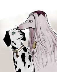 2boys animal animal_collar animalization blue_eyes borzoi bruno_bucciarati collar dalmatian dog eye_contact jojo_no_kimyou_na_bouken leone_abbacchio looking_at_another male_focus multiple_boys nori_(tiffanytsaiyyy) purple_eyes smelling zipper zipper_pull_tab