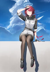 Rule 34 | 1girl, ;d, absurdres, ankle boots, arknights, arm support, arm up, black boots, black gloves, black sleeves, blue sky, boots, brown pantyhose, clothes writing, cloud, commentary request, contrail, day, exusiai (arknights), fingerless gloves, full body, gloves, grin, hair over one eye, halo, highres, jacket, knees together feet apart, one eye closed, open mouth, orange eyes, outdoors, pantyhose, pink hair, r oot, short hair, sitting, sky, smile, solo, sunlight, traditional halo, white halo, white jacket