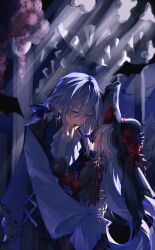 2girls alternate_costume arm_around_shoulder ascot bat_(animal) black_hat blood blood_in_mouth blue_eyes chinese_commentary commentary_request darksun444 eye_contact finger_in_another&#039;s_mouth flower fu_hua herrscher_of_sentience grey_hair hand_on_another&#039;s_back hat hat_flower highres honkai_(series) honkai_impact_3rd long_sleeves looking_at_another multiple_girls red_eyes red_flower red_rose rose shirt signature smile white_ascot white_shirt yuri