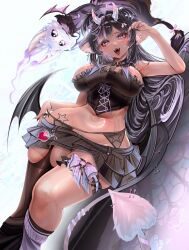 animal_ears armpits bow breasts character_request copyright_request crop_top fangs garter_belt highres horns long_hair midriff_peek miniskirt myuutew open_mouth shiny_skin skindentation skirt star_tattoo tail tattoo teeth thighhighs