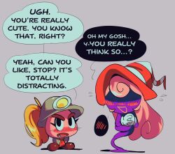 2girls blonde_hair blush colored_skin embarrassed english_text ghost ghost_tail gloves goombella grey_background hard_hat hat helmet long_hair mario_(series) monster_girl multiple_girls nintendo paper_mario paper_mario:_the_thousand-year_door petzcatz2 pink_hair ponytail purple_skin simple_background speech_bubble striped_hat tsundere vivian_(paper_mario) white_gloves witch_hat yuri