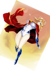1girl animification blonde_hair blue_boots blue_eyes boots breasts cape dc_comics female_focus flying gloves highres izuna_nie kryptonian large_breasts power_girl red_cape short_hair skin_tight smile solo spandex star_(symbol) supergirl superhero_costume superman_(series) thighs