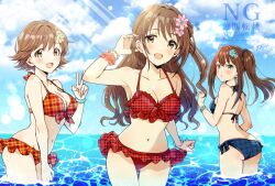 3girls absurdres armpits ass bikini blue_bikini blush breasts brown_hair cleavage commentary_request flipped_hair flower frilled_bikini frills hair_flower hair_ornament halterneck highres honda_mio idolmaster idolmaster_cinderella_girls long_hair looking_at_viewer median_furrow medium_breasts multiple_girls navel new_generations_(idolmaster) one_side_up orange_bikini outdoors popon_ta red_bikini scrunchie shibuya_rin shimamura_uzuki short_hair side-tie_bikini_bottom side_ponytail smile stomach swimsuit thigh_gap tucking_hair v very_long_hair wading watermark wrist_scrunchie