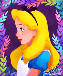 1girl alice_(disney) alice_in_wonderland_(disney) apron blonde_hair blue_dress blue_eyes bow dress from_side hairband holding long_hair pantyhose ponsu_(ponzuxponzu) ribbon short_sleeves smile upper_body white_apron