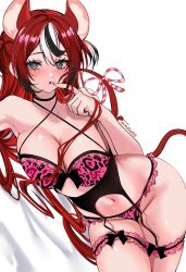 Rule 34 | 1girl, absurdres, acedia, animal ears, artist name, belt, bikini, black belt, black choker, black garter belt, black hair, blue eyes, blush, breasts, choker, cleavage, collarbone, commentary, criss-cross halter, english commentary, frilled bikini, frilled thigh strap, frills, garter belt, hakos baelz, halterneck, highres, hololive, hololive english, large breasts, leopard print bikini, long hair, looking at viewer, lying, mixed-language commentary, mouse ears, mouse girl, mouse tail, multicolored hair, on side, open mouth, patreon username, pink bikini, red hair, red tail, red tank top, ribbon, solo, streaked hair, striped ribbon, swimsuit, tail, tail ornament, tail ribbon, tank top, thigh strap, thighs, twitter username, two side up, virtual youtuber, white background, white hair