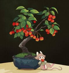 1other :3 animal_ears black_background black_eyes bonsai brown_fur brown_hair buck_teeth cherry cherry_tree fang flower_pot food food_in_mouth fruit furry green_shirt hands_up highres holding holding_food hua_hua_de_meme lying moss mouse_(animal) mouse_ears mouse_tail on_back original shirt tail teeth