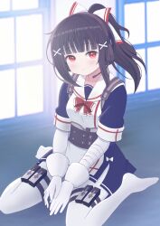 1girl absurdres bandages black_hair bow closed_mouth commission full_body girls&#039;_frontline gloves gsh-18_(girls&#039;_frontline) gsh-18_(mod3)_(girls&#039;_frontline) hair_bow hair_ornament hairclip headphones highres light_smile looking_at_viewer mikoko1 pantyhose ponytail pouch red_eyes sitting skeb_commission solo wariza white_gloves white_pantyhose