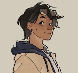 1boy artist_self-insert black_eyes black_hair blue_hood dark-skinned_male dark_skin eyewear_on_head facing_viewer fruiitlins grey_background highres hood hoodie male_focus mole mole_on_cheek original shirt short_hair simple_background smile solo upper_body white_shirt yellow_hoodie