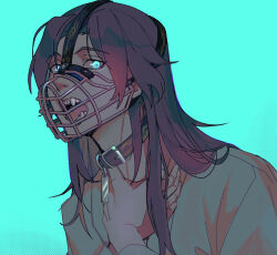 1boy aqua_background aqua_eyes brown_hair chinese_clothes collar commentary english_commentary fangs glowing glowing_eyes gu_mang hands_on_own_neck hanfu long_hair long_sleeves looking_at_viewer male_focus muzzle_(mask) open_mouth sebychu simple_background slit_pupils solo tongue tongue_out upper_body yuwu