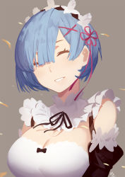 10s 1girl :d bare_shoulders blue_hair breasts brown_background cleavage cleavage_cutout clothing_cutout club3 detached_sleeves dress female_focus hair_ornament hair_over_one_eye hair_ribbon hairband hairclip large_breasts open_mouth parted_lips portrait re:zero_kara_hajimeru_isekai_seikatsu red_ribbon rem_(re:zero) ribbon short_hair simple_background sleeveless sleeveless_dress smile solo teeth upper_body white_dress x_hair_ornament