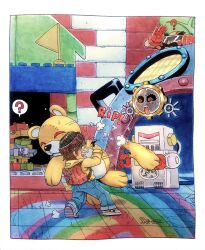 Rule 34 | !, 1boy, 2021, ?, backpack, bag, beanie, beard, black hat, blikmon, broken, brown hair, carrying, carrying person, colored sclera, crack, cracked floor, cup, damaged, denim, digimon, digimon (creature), digimon world, facial hair, flag, floating, gears, gloves, hagurumon, half-closed eyes, hand up, hat, highres, holding, holding cup, holding digimon, hood, hoodie, in-universe location, inktober, jeans, mameo (digimon), monzaemon, mug, nanimon, open mouth, pants, red bag, red eyes, red gloves, red sclera, robot, sewing, short hair, sound effects, speech bubble, spoken question mark, struggling, stuffed animal, stuffed toy, stuffing, sunglasses, sweatdrop, taragraphika, teddy bear, teeth, tongue, torn, toyagumon, uneven eyes, upper teeth only, watching, yellow fur, yellow hoodie