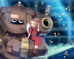 Rule 34 | 1girl, blurry, blurry background, brown eyes, brown hair, digimon, digimon adventure: (2020), dress, flower, full body, green eyes, guardromon, hair flower, hair ornament, hat, high ponytail, long hair, momofukki, ponytail, red dress, robot, sitting on arm, tachikawa mimi, white hat