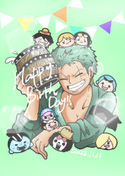 Rule 34 | 2girls, 6+boys, ^ ^, absurdres, bandana around arm, black hair, blonde hair, blue hair, blue skin, blush, blush stickers, brook (one piece), closed eyes, colored skin, crown, cup, curly eyebrows, eyewear on head, franky (one piece), green background, green hair, hair over one eye, happy birthday, hat, hi ina, highres, holding, holding cup, jinbe (one piece), monkey d. luffy, multiple boys, multiple girls, nami (one piece), nico robin, on head, one piece, orange hair, roronoa zoro, sanji (one piece), scar, scar across eye, scar on face, simple background, smile, straw hat, sunglasses, tony tony chopper, usopp