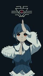 Rule 34 | 1girl, absurdres, arm up, black background, blue hair, blue theme, breasts, collared shirt, commentary request, dissolution (toshi densetsu kaitai center), eye of providence, frilled shirt, frills, fukurai azami, hand up, highres, limited palette, lip pw, long sleeves, looking at viewer, medium breasts, puffy long sleeves, puffy sleeves, red eyes, shirt, short hair, simple background, solo, spot color, tearing up, toshi densetsu kaitai center, upper body, white shirt