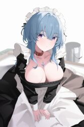 1girl alternate_costume belt_collar black_dress blue_hair breasts bucket closed_mouth collar collarbone colored_eyelashes commentary dress enmaided hair_between_eyes headdress large_breasts long_hair looking_at_viewer maid men_zhong_mu purple_eyes shorekeeper_(wuthering_waves) simple_background sitting solo white_background wuthering_waves