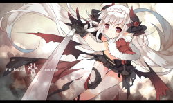 1girl blush copyright_name demon_girl female_focus gradient_background horns letterboxed long_hair looking_at_viewer mofetousu_furuna pixiv_fantasia pixiv_fantasia_fallen_kings pointy_ears saru see-through_clothes solo sword tears thighhighs torn_clothes weapon