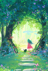 1girl animal aqua_hair artist_name black_cat bug butterfly cat day dress fantasy fish flower forest from_behind grass green_hair highres huhv. insect long_hair nature original outdoors pink_dress pink_flower red_flower rock scenery solo standing tree whale wide_shot