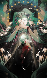 2boys 3girls absurdres armor black_cape black_gloves blood blood_on_clothes blood_on_face male_byleth_(fire_emblem) cape circlet closed_eyes falling_petals fire_emblem fire_emblem:_three_houses flayn_(fire_emblem) flower from_behind gloves gongzuotianxiadiyi green_hair hair_ornament highres holding holding_flower long_hair multiple_boys multiple_girls nintendo petals pointy_ears rhea_(fire_emblem) seteth_(fire_emblem) short_hair smile sothis_(fire_emblem) star_(symbol) tiara two_side_up