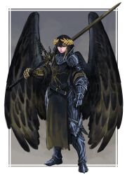 1girl 202vincent absurdres belt black_hair commission feathered_wings full_body gothic_plate_armor highres huge_weapon laurel_crown looking_down medium_hair original ornate_weapon over_shoulder oversized_wings serious solo sword sword_over_shoulder tabard weapon weapon_on_back weapon_over_shoulder wings yellow_eyes