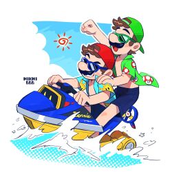2boys artist_name backwards_hat blue-framed_eyewear blue_shirt blue_shorts brothers brown_hair clenched_hands facial_hair funky_dorrie green-framed_eyewear green_hat green_shirt grin hat highres jet_ski luigi luigi_(vacation) mario mario_(series) mario_(sunshine) mario_kart mario_kart_tour mikmi666 multiple_boys mustache nintendo official_alternate_costume open_clothes open_mouth open_shirt print_shirt red_hat shine_spark shirt short_hair short_sleeves shorts siblings smile sunglasses super_mushroom water watercraft
