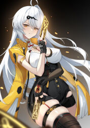 1girl absurdres ahoge armlet asymmetrical_gloves black_gloves black_shorts black_thighhighs closed_mouth collar commentary covered_erect_nipples cowboy_shot dai_mao_xuan_yi dark_background elbow_gloves fingerless_gloves gloves hair_ornament high-waist_shorts highres holding_ofuda jacket jewelry long_hair looking_at_viewer ofuda shirt shorts single_elbow_glove single_hair_intake single_thighhigh skindentation solo thighhighs thighs uneven_gloves very_long_hair white_collar white_hair white_shirt yellow_eyes yellow_jacket yixuan_(zenless_zone_zero) zenless_zone_zero