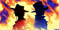 2boys absurdres ascot brothers chain closed_mouth collared_coat fire freckles hat highres jewelry kinomolang male_focus multiple_boys necklace one_piece pearl_necklace portgas_d._ace profile sabo_(one_piece) short_hair siblings upper_body