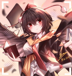 Rule 34 | 1girl, absurdres, alternate costume, bird wings, black jacket, black wings, blush, book, brown hair, camera, chinese commentary, closed mouth, collared shirt, commentary request, hat, highres, holding, holding book, holding camera, jacket, long sleeves, looking at viewer, medium hair, mortarboard, necktie, open book, open clothes, open jacket, pom pom (clothes), red eyes, red hat, red necktie, shameimaru aya, shirt, signature, smile, solo, tokin hat, top-exerou, touhou, viewfinder, white shirt, wings