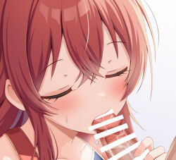 1boy 1girl bar_censor censored closed_eyes collarbone crossed_bangs fellatio frozenpile idolmaster idolmaster_shiny_colors komiya_kaho oral red_hair sidelocks