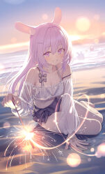 1girl absurdres animal_ear_fluff animal_ears beach blurry blush bokeh bow bracelet breasts cleavage cropped_shirt depth_of_field fireworks grin hair_ornament hairclip highres holding holding_fireworks indie_virtual_youtuber jewelry kaito_(k4itoh) long_hair looking_at_viewer medium_breasts ocean outdoors plaid_bow purple_eyes purple_hair rabbit_ears see-through_clothes see-through_shirt senkou_hanabi shirt sitting smile solo sparkler strap_slip swimsuit tomomo_mimiko virtual_youtuber white_shirt yokozuwari