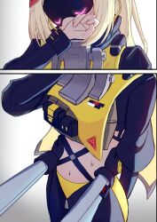 2girls absurdres black_gloves blindfold blonde_hair blush cowboy_shot es030103010301 gloves grey_background hand_on_another&#039;s_hip hashtag-only_commentary highres long_hair multiple_girls navel out_of_frame parted_bangs soldier_11_(zenless_zone_zero) solo_focus standing thighs trigger_(zenless_zone_zero) yuri zenless_zone_zero