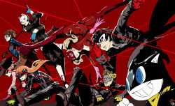 10s 3boys 4girls amamiya_ren atlus bandana black_hair blonde_hair blue_eyes bodysuit boots braid breasts brown_hair cat cat_mask cleavage club3 crown_braid fox_mask glasses gloves goggles kitagawa_yuusuke logo long_hair mask morgana_(persona_5) multiple_boys multiple_girls niijima_makoto okumura_haru persona persona_5 red_background sakamoto_ryuuji sakura_futaba short_hair skull_mask split takamaki_anne thigh_boots thighhighs twintails