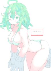 1girl absurdres boku_no_hero_academia breasts gloves green_eyes green_hair grey_gloves hagakure_toru highres large_breasts messy_hair mocamocaink simple_background solo unusually_visible white_background