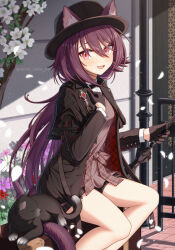 1girl :d animal animal_ear_fluff animal_ears arknights black_cat black_gloves black_hat black_jacket blush buttoned_cuffs buttons cat commentary_request ears_through_headwear falling_petals feet_out_of_frame flower gloves hair_between_eyes hand_on_own_chest hat jacket light_particles long_hair long_sleeves looking_at_viewer melantha_(arknights) melantha_(letters_from_wessex)_(arknights) official_alternate_costume open_mouth paid_reward_available partial_commentary petals pink_eyes pink_flower purple_hair red_flower shironekoban sitting smile solo twitter_username watermark white_flower