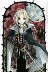 Rule 34 | 1boy, alucard (castlevania), ascot, bat (animal), bishounen, blonde hair, cape, castlevania: symphony of the night, castlevania (series), chain, dhampir, full moon, half-human, long hair, male focus, moon, painting (medium), pinkxxxna, plant, solo, sword, thorns, traditional media, undead, vampire, vines, watercolor (medium), weapon