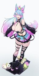 animal_ear_fluff animal_ears blue_hair blue_tail breasts collar detached_sleeves gradient_hair highres indie_virtual_youtuber kkai811 large_breasts multicolored_hair multicolored_tail nail_polish pink_hair pink_tail sharp_teeth silvervale skirt spiked_collar spikes tail teeth virtual_youtuber wolf_ears wolf_girl wolf_tail