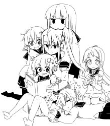 Rule 34 | 10s, 6+girls, bare shoulders, blunt bangs, chin rest, folded ponytail, greyscale, hair ornament, hairclip, hatsuyuki (kancolle), head on head, head rest, highres, horns, hug, ikazuchi (kancolle), inazuma (kancolle), kantai collection, lap pillow, long hair, lysander z, monochrome, multiple girls, nachi (kancolle), neckerchief, open mouth, reading, samidare (kancolle), school uniform, serafuku, shirt, short hair, side ponytail, sitting, sleeping, sleeveless, sleeveless shirt, smile, yukikaze (kancolle)