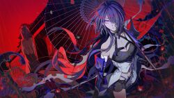 2girls acheron_(honkai:_star_rail) black_choker black_gloves black_hole black_shorts boots breasts chain chain_around_arm choker cleavage coat coattails color_connection colored_extremities dress endo_(takolegs) fate/stay_night fate_(series) gloves hair_over_one_eye hair_ribbon highres holding honkai:_star_rail honkai_(series) knee_boots large_breasts long_hair long_sleeves matou_sakura midriff multicolored_hair multiple_girls navel official_art purple_eyes purple_hair purple_veil red_hands red_petals red_ribbon ribbon scabbard sheath short_hair shorts single_bare_shoulder single_knee_boot single_thigh_boot single_wide_sleeve streaked_hair thigh_boots veil very_long_hair weapon white_coat