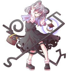 1girl alphes_(style) animal_ears arm_up basket bishamonten&#039;s_pagoda black_dress blue_capelet breasts capelet closed_eyes closed_mouth clutching_head commentary_request dairi dowsing_rod dress full_body grey_hair hands_on_own_head holding holding_with_tail jewelry large_variant_set long_sleeves mouse_(animal) mouse_ears mouse_tail nazrin necklace parody pendant prehensile_tail short_hair small_breasts smile solo style_parody tachi-e tail touhou transparent_background variant_set