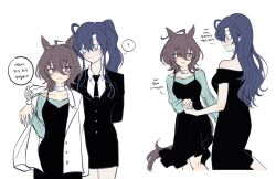 2girls ? ahoge alternate_costume animal_ears aqua_shirt black_dress black_jacket black_necktie black_skirt blue_hair brown_hair buttons choker coat coat_on_shoulders collarbone collared_shirt commentary_request dress ear_ornament female_trainer_(umamusume) hair_between_eyes highres holding_hands horse_ears horse_girl jacket korean_commentary lab_coat light_blush long_hair looking_at_another medium_hair messy_hair mixed-language_commentary multiple_girls necktie off-shoulder_dress off_shoulder red_eyes shirt shirt_under_dress sidelocks simple_background skirt smile spoken_question_mark tachytaku trainer_(umamusume) translation_request twitter_username umamusume white_background white_choker