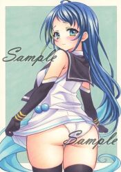 Rule 34 | 1girl, ass, black gloves, black thighhighs, blue eyes, blue hair, clothes lift, elbow gloves, gloves, kantai collection, long hair, looking back, miyakooo0420, panties, sailor collar, samidare (kancolle), sample watermark, skirt, skirt lift, solo, thighhighs, traditional media, underwear, very long hair, watermark, white panties