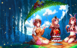 3girls :3 animal animal_ears animal_on_head arch_bishop_(ragnarok_online) armband black_cat blue_eyes blue_sky blush breasts brown_dress brown_eyes brown_gloves brown_hair brown_shorts cat cat_on_head cleavage cleavage_cutout closed_mouth clothing_cutout cloud commentary commission creator_(ragnarok_online) cross cup cupcake dress english_commentary fake_animal_ears fingerless_gloves fishnet_thighhighs fishnets flower food frilled_thighhighs frills full_body fur-trimmed_gloves fur-trimmed_shirt fur-trimmed_shorts fur_trim gloves holding holding_cup juliet_sleeves leaf_umbrella long_hair long_sleeves looking_at_viewer mayunnaize medium_breasts midriff multiple_girls navel on_head one_eye_closed open_mouth poring puffy_sleeves rabbit_ears ragnarok_online red_eyes red_flower sash shirt short_hair shorts sky sleeveless sleeveless_shirt slime_(creature) small_breasts smile sniper_(ragnarok_online) tea teacup thighhighs tiered_tray two-tone_dress two-tone_gloves umbrella white_dress white_thighhighs wisteria yellow_sash