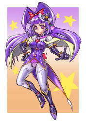 Rule 34 | 1girl, alternate costume, black boots, black gloves, black hat, bodysuit, boots, bow, bracelet, breasts, capelet, cure magical, female focus, full body, gloves, gradient background, hair bow, hand on own hip, hat, highres, impossible clothes, izayoi liko, jewelry, knee boots, long hair, looking at viewer, magical girl, mahou girls precure!, mini hat, mini witch hat, oomasa teikoku, orange background, precure, purple background, purple bodysuit, purple eyes, purple hair, red bow, riko (mahou girls precure!), skin tight, smile, solo, star (symbol), witch hat