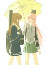 Rule 34 | 2girls, bang dream!, bang dream! it&#039;s mygo!!!!!, blue shirt, blue skirt, chihaya anon, closed mouth, commentary, fang, green necktie, green skirt, grey jacket, guitar case, haneoka school uniform, highres, holding, holding umbrella, instrument case, instrument on back, jacket, long hair, multiple girls, nagasaki soyo, necktie, open mouth, pink hair, school uniform, shirt, sidelocks, simple background, skirt, symbol-only commentary, tsukinomori school uniform, umbrella, white background, xz7y (xyyy7028)