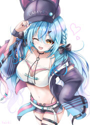 1girl absurdres black_hat black_jacket black_panties black_shorts blue_hair breasts cleavage commentary_request elf hair_ornament hairpin hat highleg highleg_panties highres hololive jacket large_breasts multicolored_hair navel official_alternate_costume one_eye_closed open_mouth panties pointy_ears shirt shorts sleeves_past_fingers sleeves_past_wrists smile solo streaked_hair taichi8882 thigh_strap underwear virtual_youtuber white_shirt yellow_eyes yukihana_lamy yukihana_lamy_(cyber)