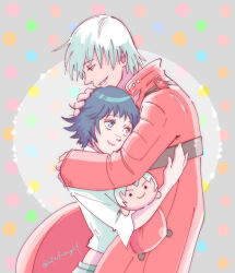 1boy 1girl allie_(united_f) black_hair coat dante_(devil_may_cry) devil_may_cry devil_may_cry_(series) devil_may_cry_3 green_eyes grey_background heterochromia hug lady_(devil_may_cry) midriff red_coat red_eyes shirt smile stuffed_toy white_hair white_shirt
