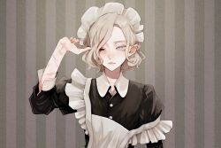 Rule 34 | 1boy, alternate costume, apron, bags under eyes, black dress, black eyes, blush, collared dress, crossdressing, crossdressing (mtf), dress, dungeon meshi, elf, enmaided, frilled apron, frills, grey eyes, grey hair, heterochromia, highres, juliet sleeves, lazy eye, long sleeves, maid, maid apron, maid headdress, male focus, male maid, mithrun, multiple scars, notched ear, pointy ears, puffy sleeves, r06ku, scar, short hair, solo, striped background, trap, uneven eyes, upper body, wavy hair, white apron